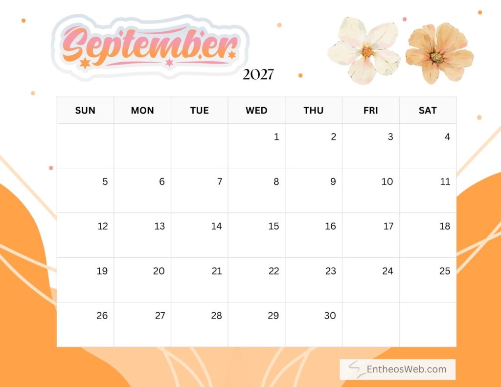 September 2027 calendar header with a grid of dates and decorative flowers on white background free printable september 2027 calendar by entheosweb