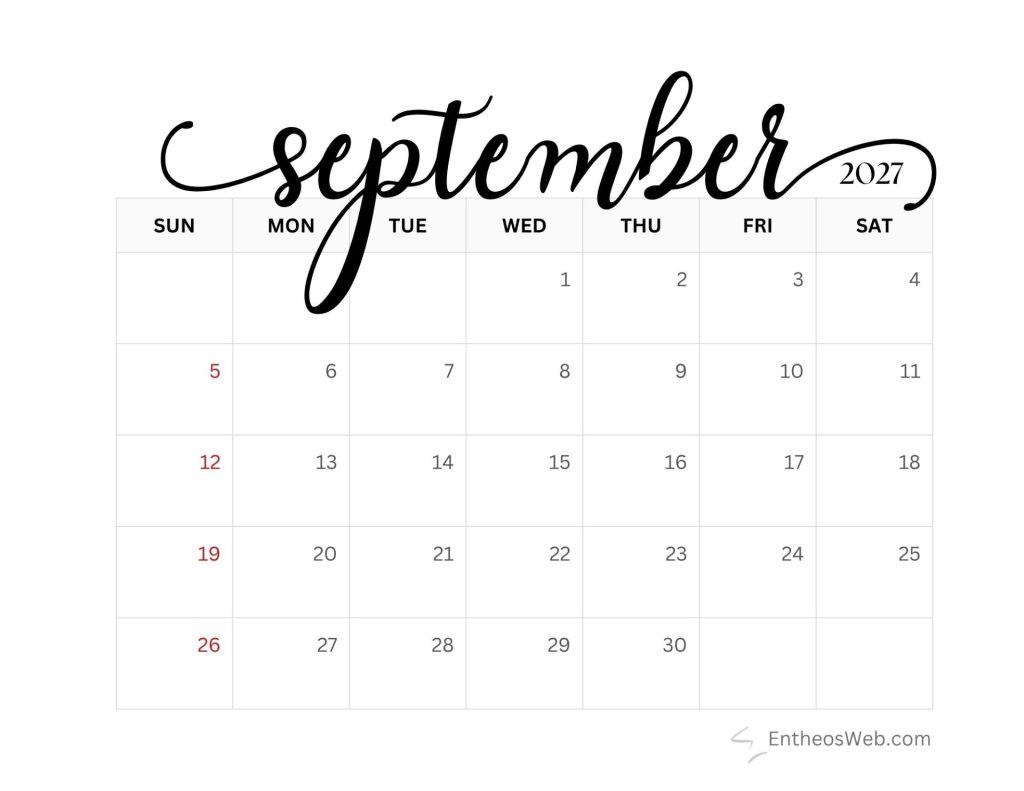 September 2027 calendar page with days of the week and date grid sundays in red free printable september 2027 calendar by entheosweb