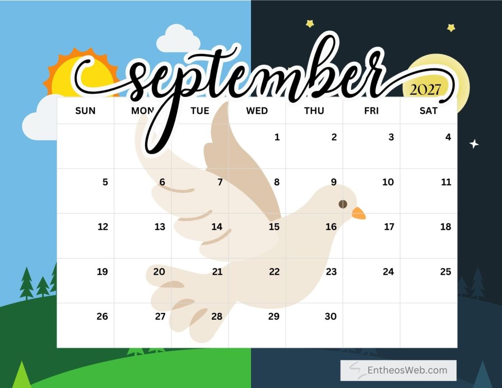 Decorative september 2027 calendar page with a sun and night sky background and large script september across the top free printable september 2027 calendar by entheosweb