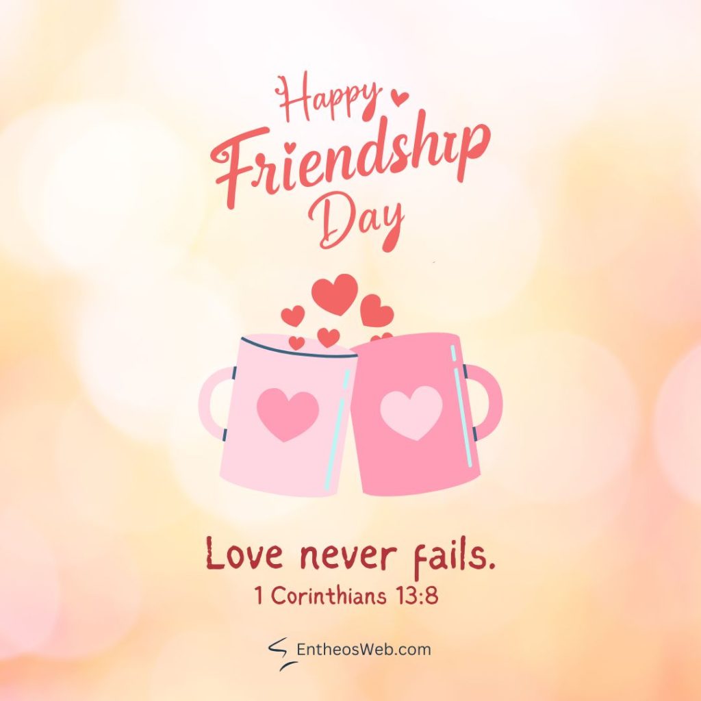 Two pastel mugs with hearts clinking sprouting floating hearts happy friendship day message above Happy friendship day love never fails