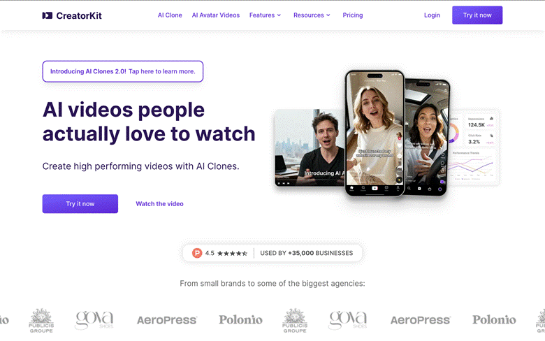 Image | 10 best ai tools for e commerce product images short videos 2026 | entheosweb Hero banner for creatorkit headline ai videos people actually love to watch with three smartphone video previews and a try it now button Image