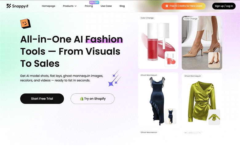 Image | 10 best ai tools for e commerce product images short videos 2026 | entheosweb Hero section for snappkit ai fashion tools large headline all in one ai fashion tools from visuals to sales with left aligned action buttons start free trial and try on shopify colorful gradient background and product thumbnails on the right Image