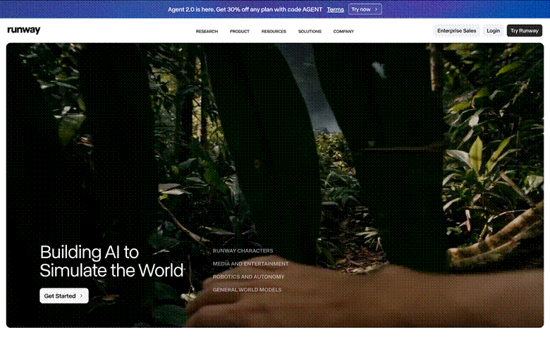 Image | 10 best ai tools for e commerce product images short videos 2026 | entheosweb Hero banner featuring a dense jungle scene with white text building ai to simulate the world and a get started button on the left runway branding in the top left and a navigation bar above Image