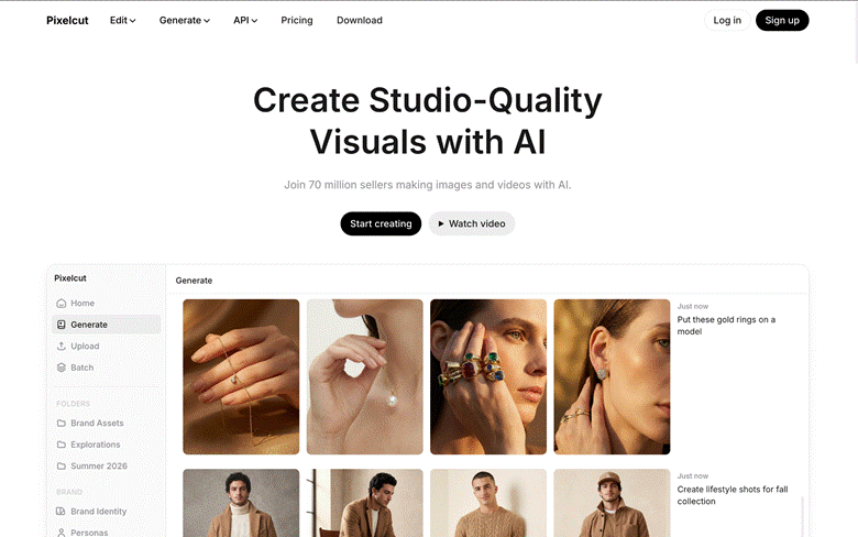 Image | 10 best ai tools for e commerce product images short videos 2026 | entheosweb Pixelcut homepage hero create studio quality visuals with ai with cta buttons and a gallery of jewelry and fashion images Image