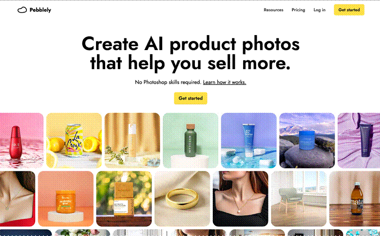Image | 10 best ai tools for e commerce product images short videos 2026 | entheosweb Pebblely landing hero with the headline create ai product photos that help you sell more and a yellow get started button above a grid of rounded product photos Image