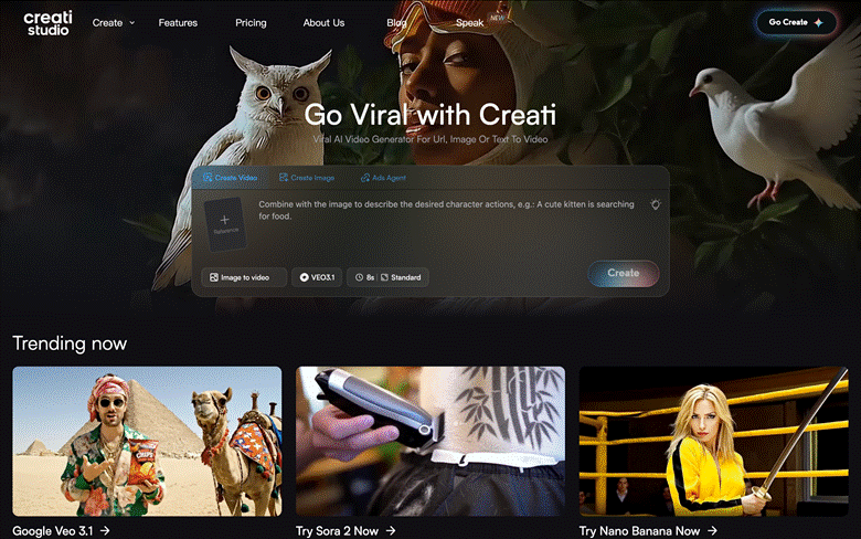 Image | 10 best ai tools for e commerce product images short videos 2026 | entheosweb Dark hero banner for creai studio featuring an owl and a white dove with the heading go viral with creai overlaid suggesting a creative video tool for viral content image