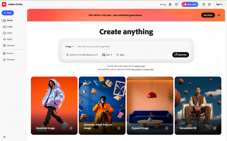 Image | 10 best ai tools for e commerce product images short videos 2026 | entheosweb Screenshot of adobe firefly create anything page showing a header create anything a red top banner a central hero area and four rounded tiles labeled generate image generate video from an image expand image generate fill with a left navigation bar Image