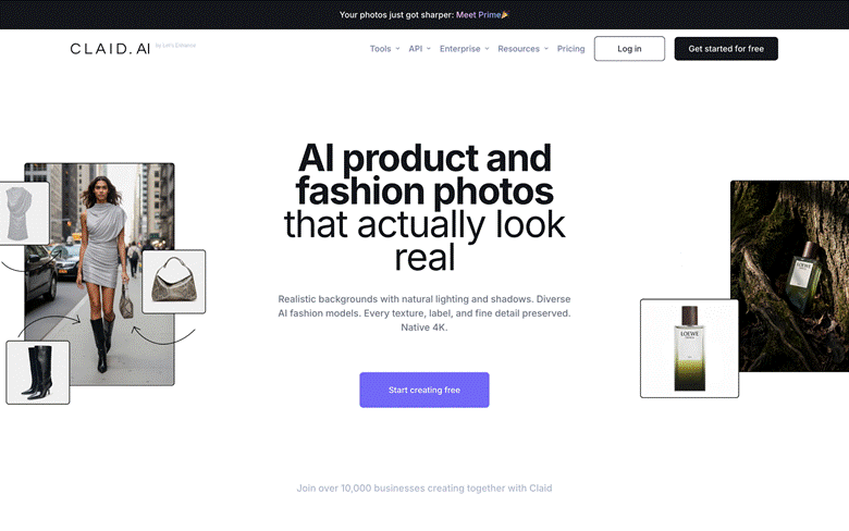 Image | 10 best ai tools for e commerce product images short videos 2026 | entheosweb Claid Ai homepage hero with bold headline about ai fashion photos that look real left collage of fashion items around a model right product image and a purple start creating free button Image