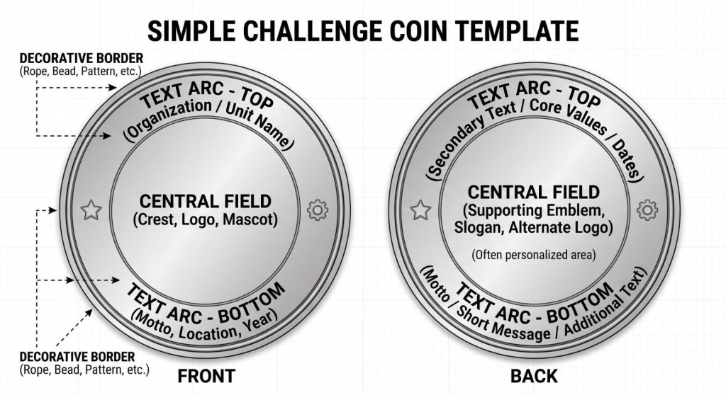 Image | challenge coin design templates and ideas a practical guide to laying out your coin | entheosweb Diagram of a two sided challenge coin template labeled front and back showing decorative borders central fields for crestlogo and motto and surrounding text areas for organization name text arcs and additional info Image