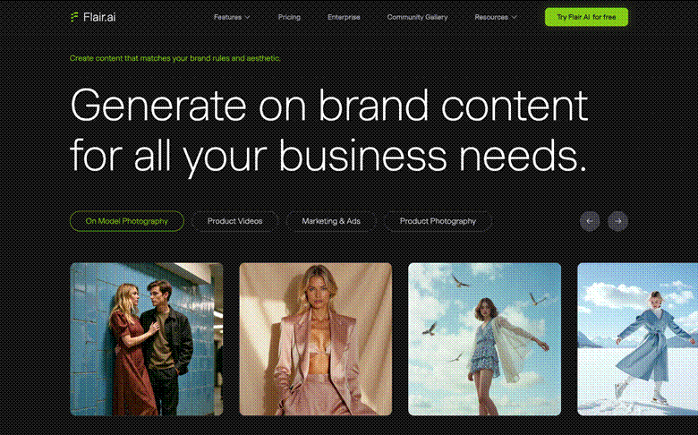 Image | 10 best ai tools for e commerce product images short videos 2026 | entheosweb Flair Ai hero banner with dark dotted background a large headline reading generate on brand content for all your business needs and four rounded photography thumbnails below Image