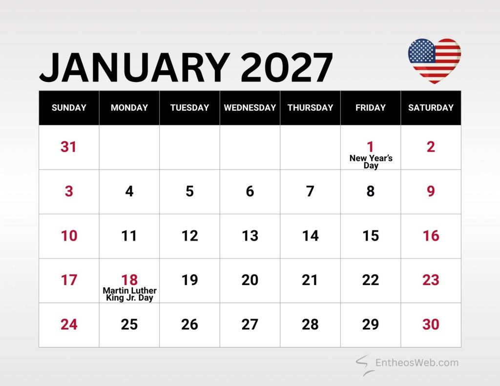 January 2027 calendar grid with new years day on friday jan 1 and martin luther king jr Day on monday jan 18 January 2027 calendar with us federal holidays