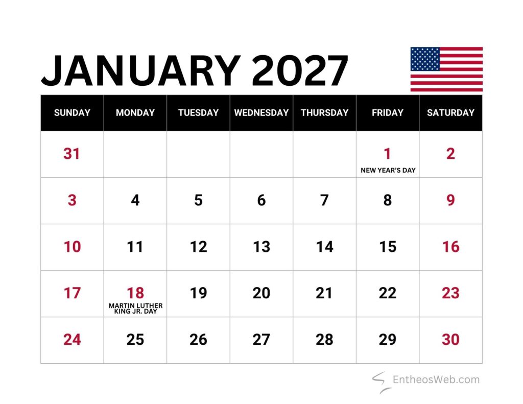 January 2027 calendar grid with a us flag highlights new years day on jan 1 and martin luther king jr Day on jan 18 January 2027 calendar with us federal holidays