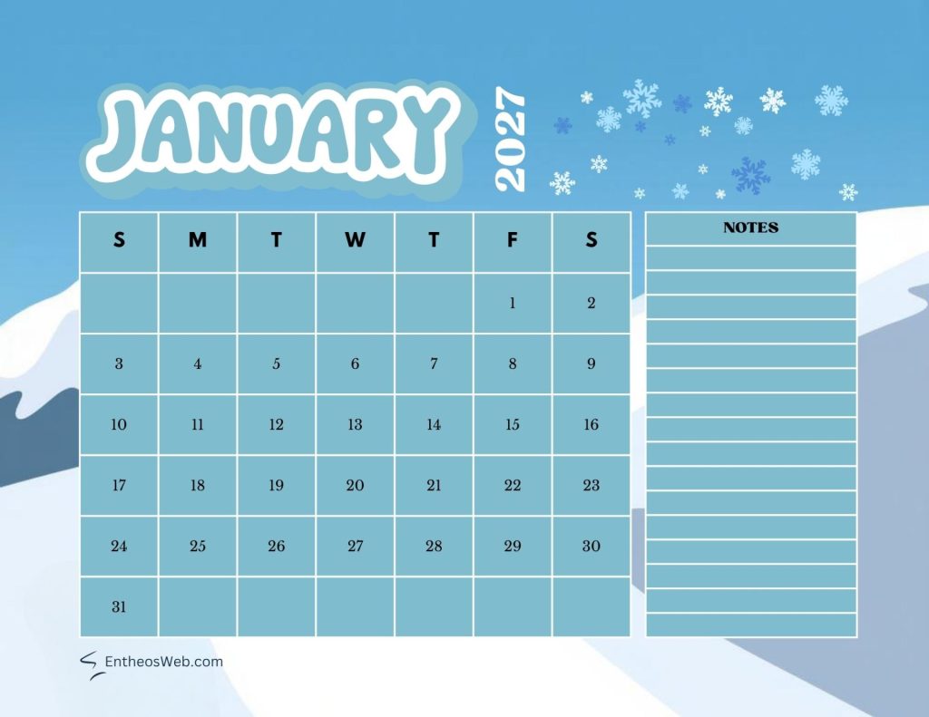 January 2017 calendar grid with days sunsat and a right side notes column all in blue tones with snowflake decorations january 2027 printable calendar snowflakes