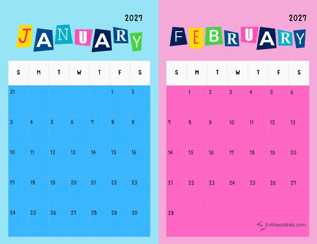 Two page 2027 calendar january on the left blue and february on the right pink with weekdays row and numbered dates beneath January and february double month calendar landscape