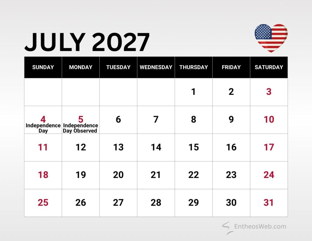 July 2027 calendar grid showing days of the week with independence day on july 4 and observed on july 5 highlighted in red and labeled in the lower left area plus a patriotic heart icon in the top right corner July 2027 calendar with us federal holidays
