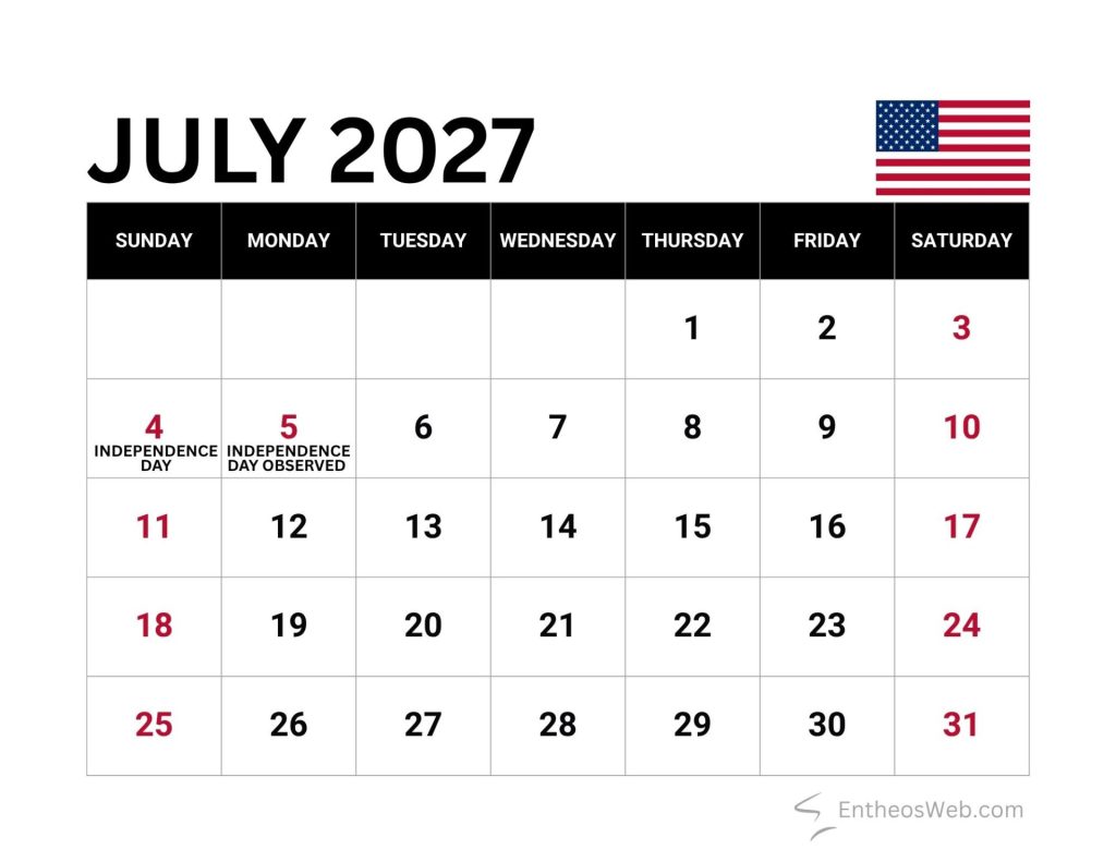 July 2027 calendar page with sundaysaturday headers an american flag and independence day highlighted on the 4th and observed on the 5th July 2027 calendar with us federal holidays