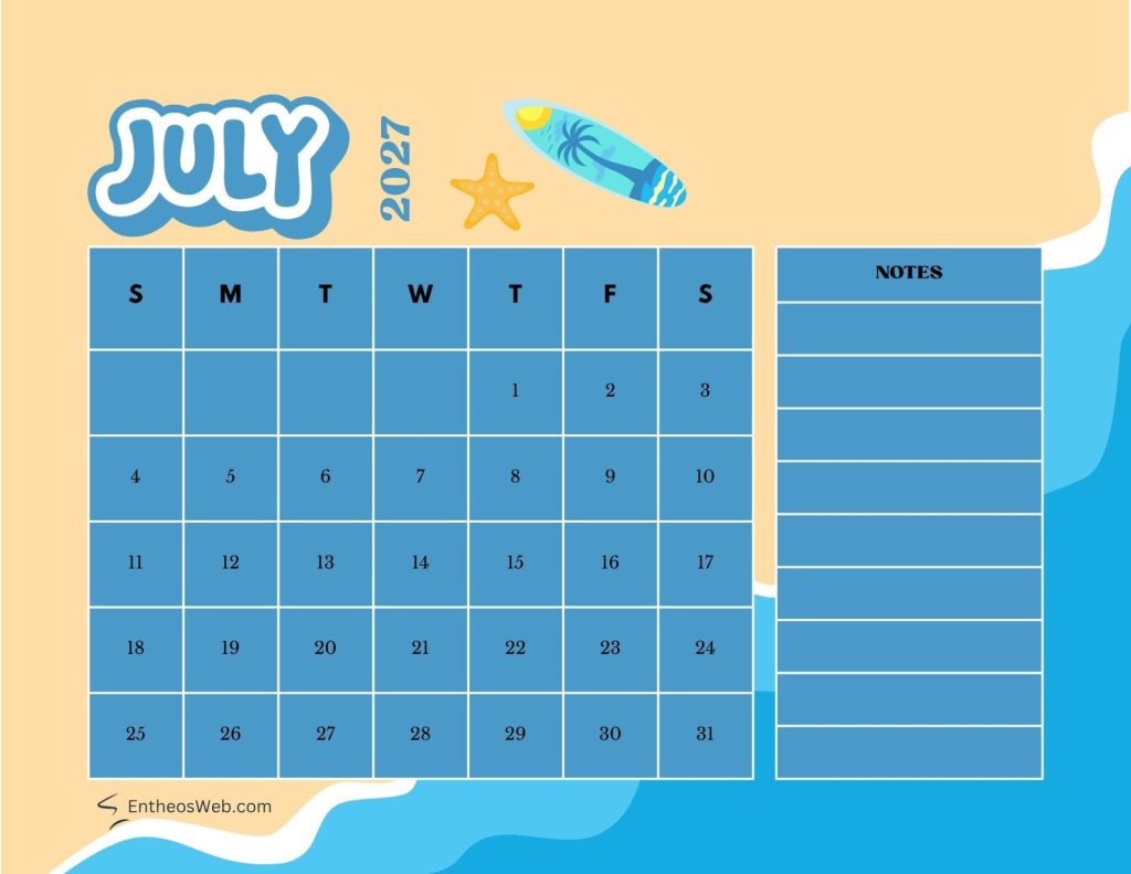 Beach themed july 2027 calendar page showing days sunsat and dates 131 with a notes column on the right July 2027 printable calendar beach