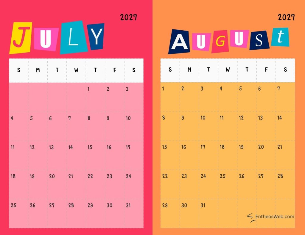 Two page julyaugust 2027 calendar spread july on pink august on orange with day initials s m t w t f s and dates visible July and august double month calendar landscape