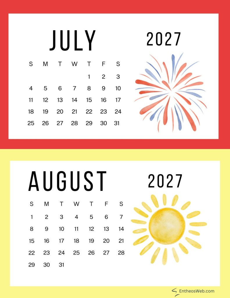 Two page calendar design showing july 2027 with a fireworks motif on the right and august 2027 with a sun illustration on a yellow border below July fireworks and august sun cute printable double month calendar