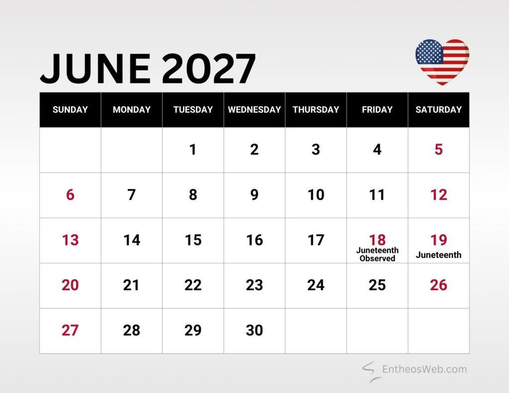 June 2027 calendar header with a us flag heart icon on the right and days of the week row above a grid of dates including juneteenth on the 19th in red June 2027 calendar with us federal holidays