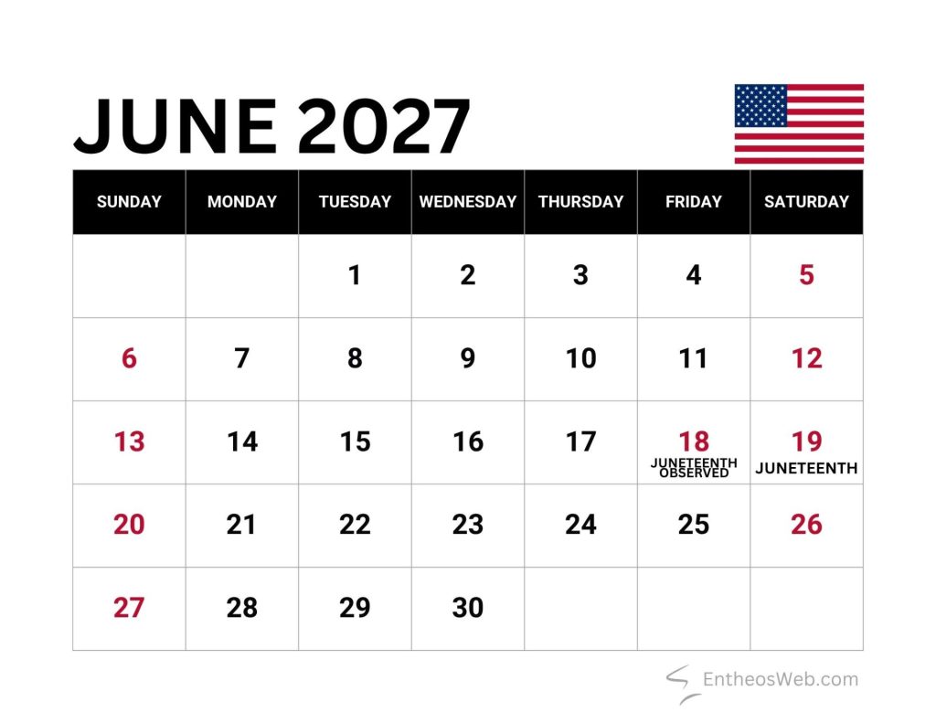 Calendar for june 2027 showing days of the week and dates with juneteenth noted on june 19 and juneteenth observed on june 1819 red text June 2027 calendar with us federal holidays