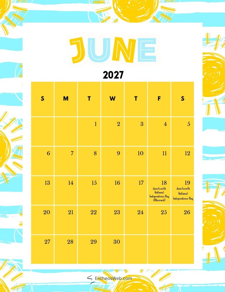 June 2027 calendar with yellow date boxes days of week across top dates 130 decorative border and juneteenth notes june 2027 printable calendar sun waves