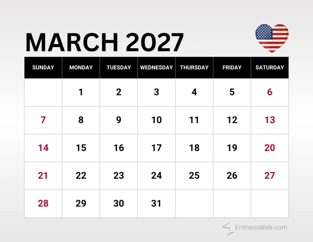 March 2027 calendar grid showing days of the month sundays and some dates in red weekdays in black with a heart shaped american flag at top right March 2027 calendar with us federal holidays