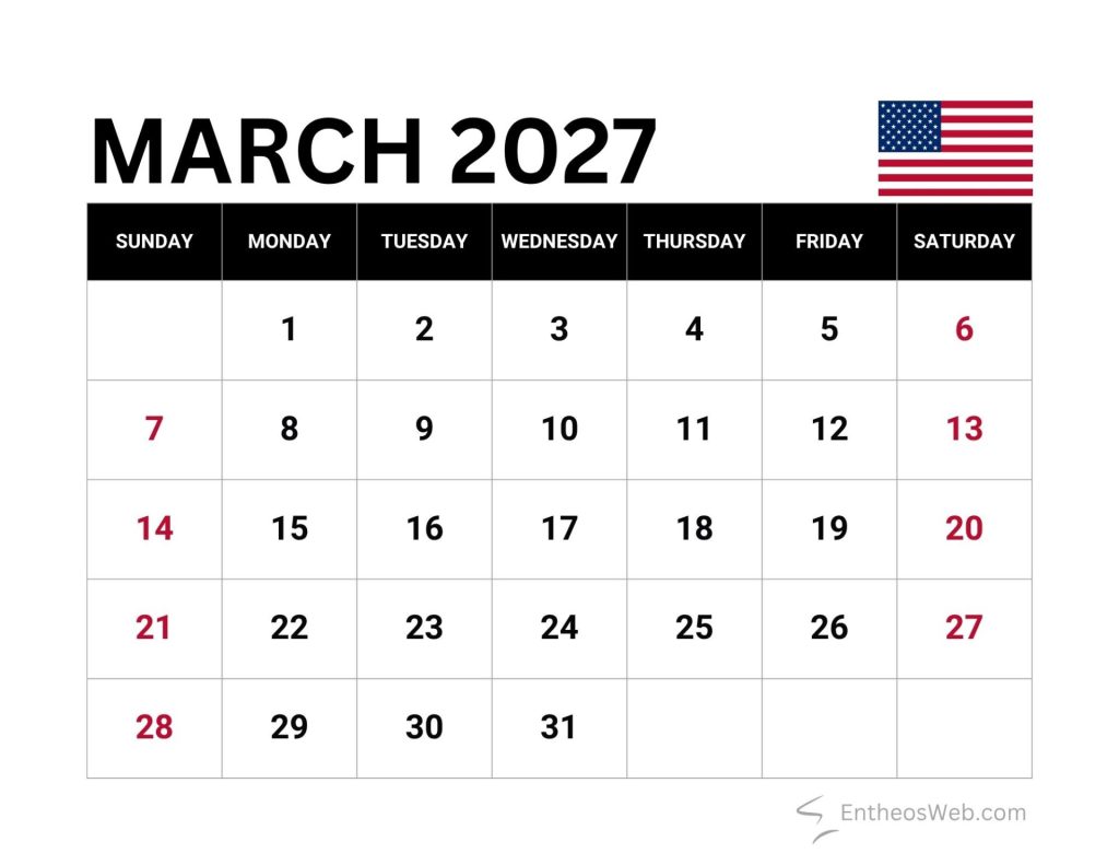 March 2027 calendar grid showing days 131 with sundays in red and week headers s m t w t f s at the top March 2027 calendar with us federal holidays