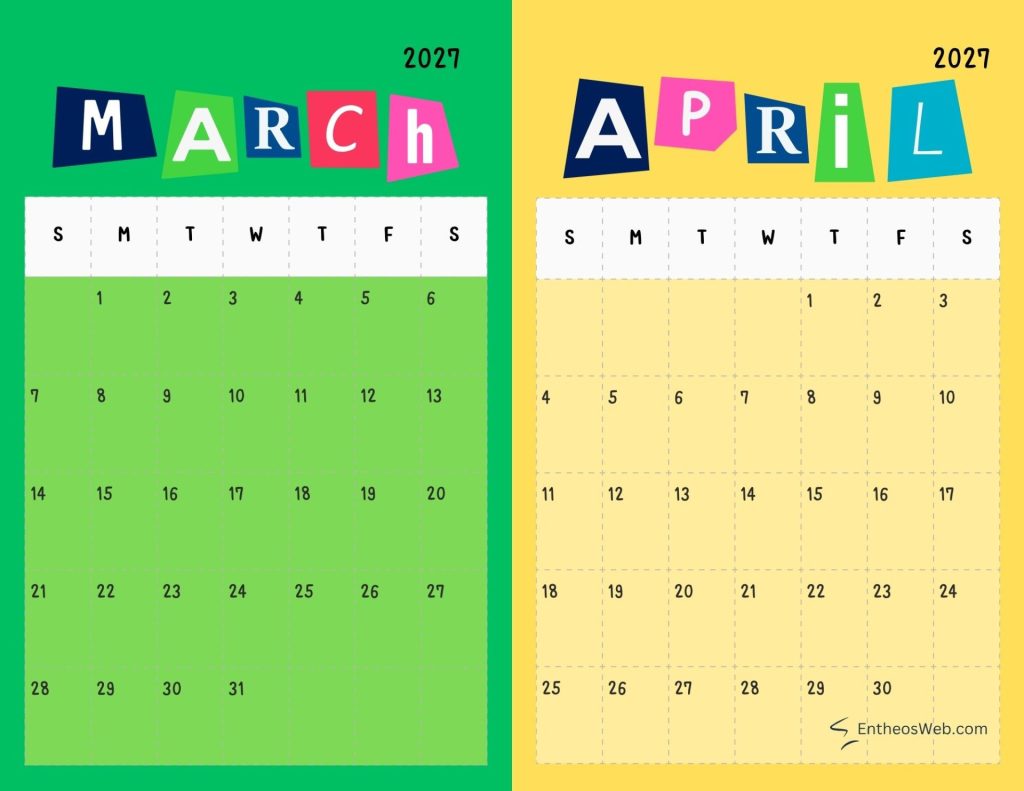 Two page calendar march 2027 on a green page with colorful letter tiles spelling march and a weekly grid of days april 2027 on a yellow page with similar title and grid March and april double month calendar landscape