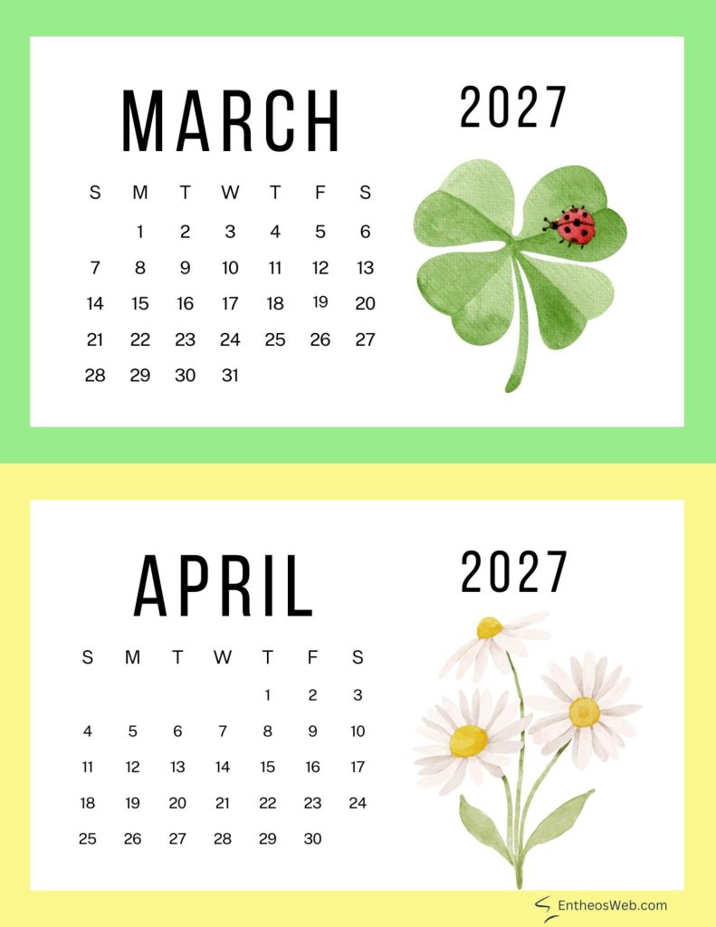 Two calendar panels for march and april 2027 with large month titles and date grids march features a green clover with a ladybug on the right april shows white daisies on the right March clover and april daisies cute printable double month calendar