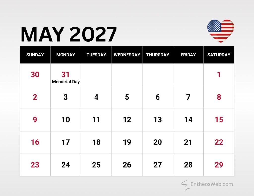May 2027 calendar grid with days of the week may 31 is memorial day on monday and a heart shaped american flag in the top right corner May 2027 calendar with us federal holidays