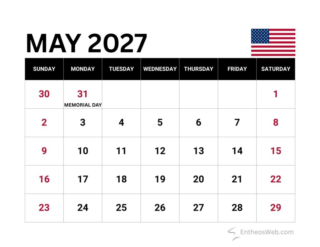 May 2027 calendar with weekday headers memorial day on may 31 sundays in red us flag in upper right corner May 2027 calendar with us federal holidays