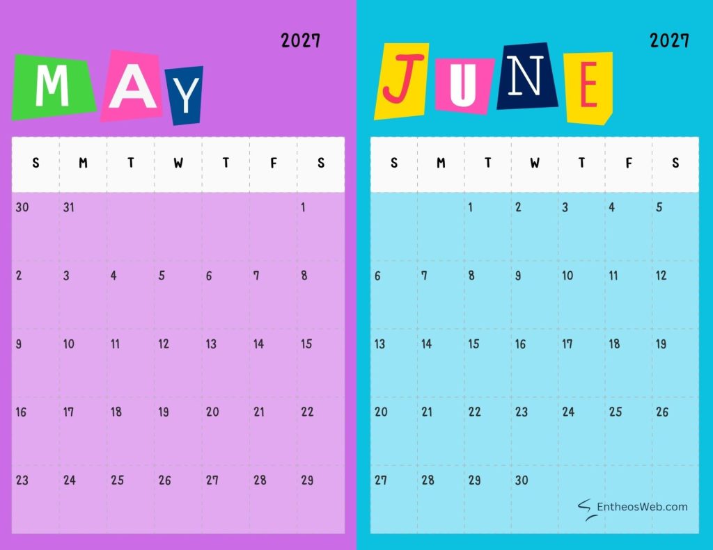 Two page calendar for may and june 2027 purple left page and blue right page with colorful letter tiles and weekly date grids May and june double month calendar landscape