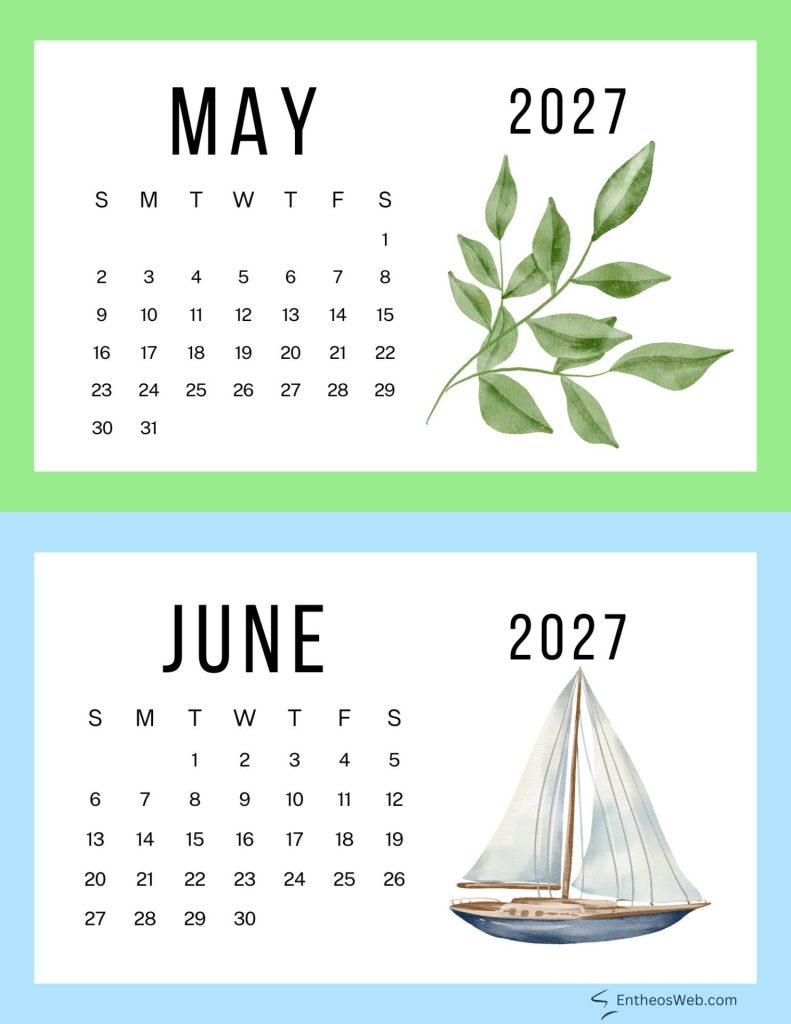 May 2027 calendar page with a green leaves illustration on the right side set against a green border May foliage june boat cute printable double month calendar
