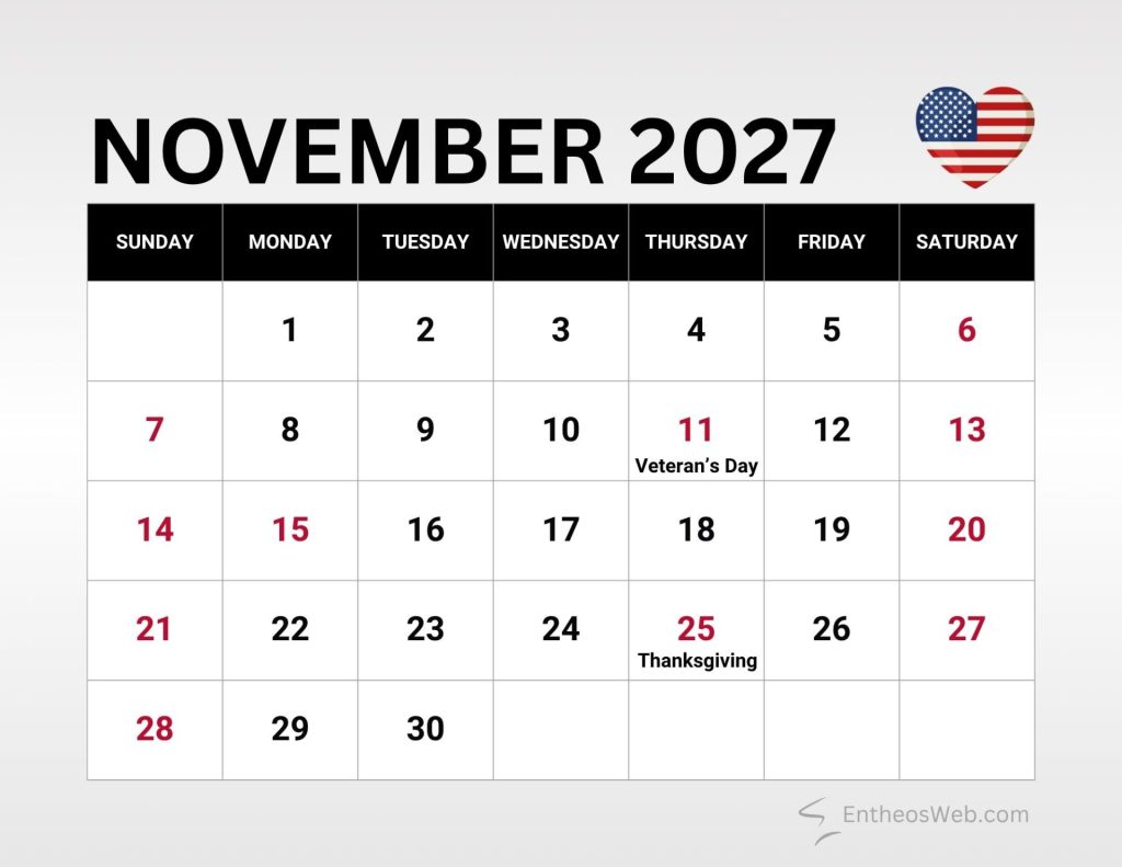 November 2027 calendar page showing days of the week and dates with veterans day on the 11th and thanksgiving on the 25th american flag heart icon in the top right November 2027 calendar with us federal holidays