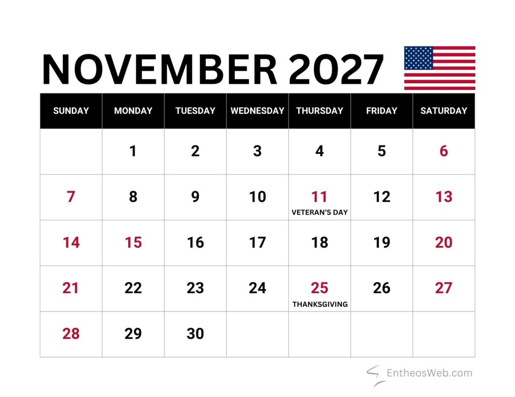 November 2027 calendar page showing days of the month veterans day on 11 and thanksgiving on 25 sundays in red November 2027 calendar with us federal holidays