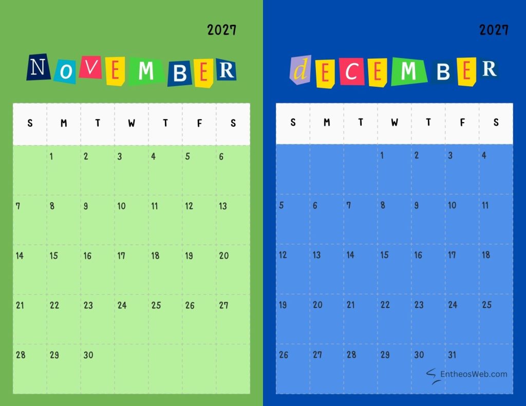 Two month calendar for november and december 2027 shown side by side with a green left panel for november and a blue right panel for december each featuring a week based grid of dates and colorful cut out month banners at the top November and december double month calendar landscape