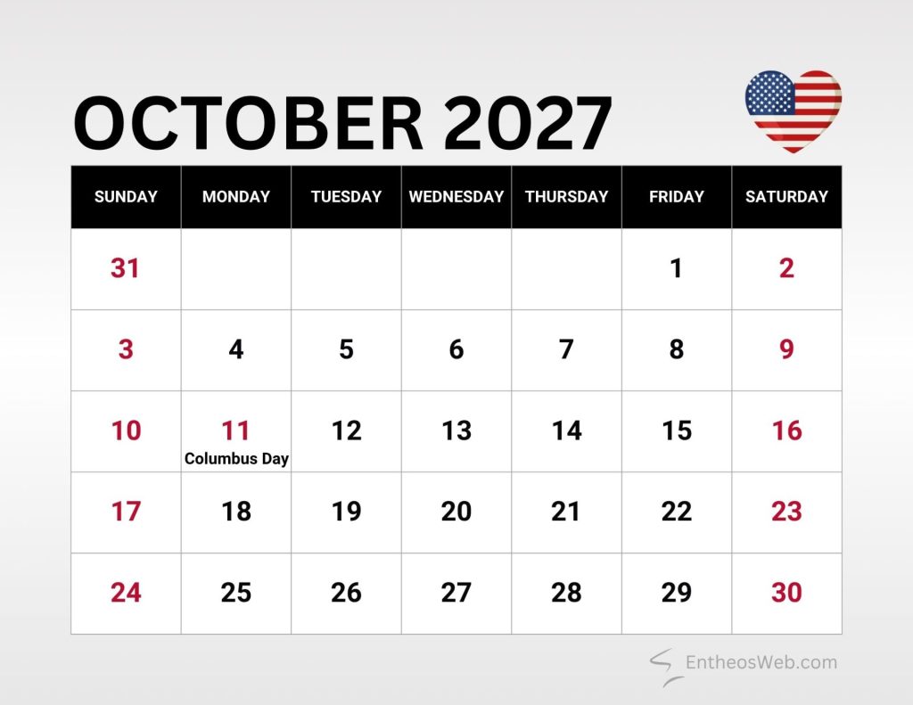 October 2027 calendar grid with sundays in red and columbus day noted on the 11th features a fat calendar layout with a heart icon wearing the u S Flag on the top right October 2027 calendar with us federal holidays