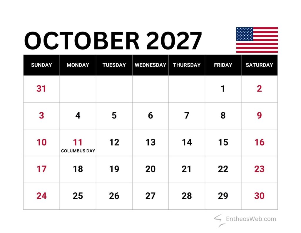 October 2027 calendar page with sundaysaturday week row us flag in the top right dates filled in with 11 labeled columbus day overall grid shows days 13031 october 2027 calendar with us federal holidays