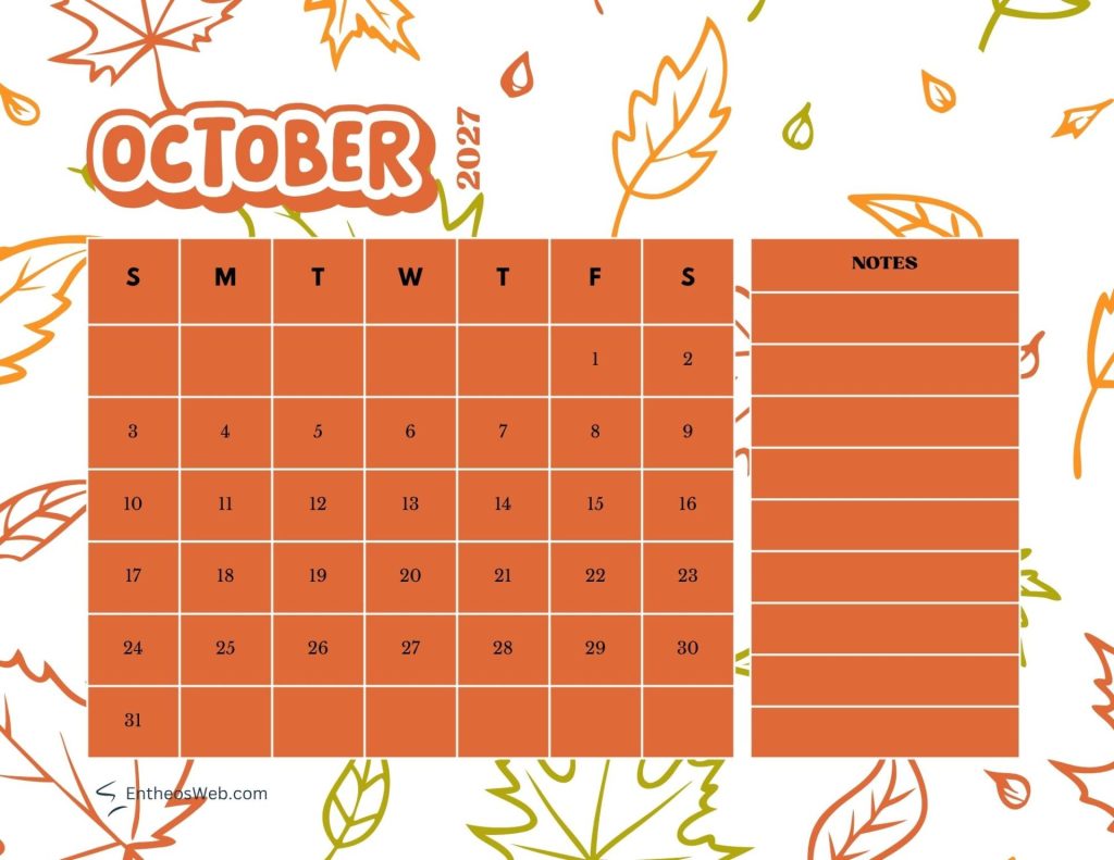 October 2017 calendar page with orange grid and notes column bordered by autumn leaves October 2027 printable calendar leaves