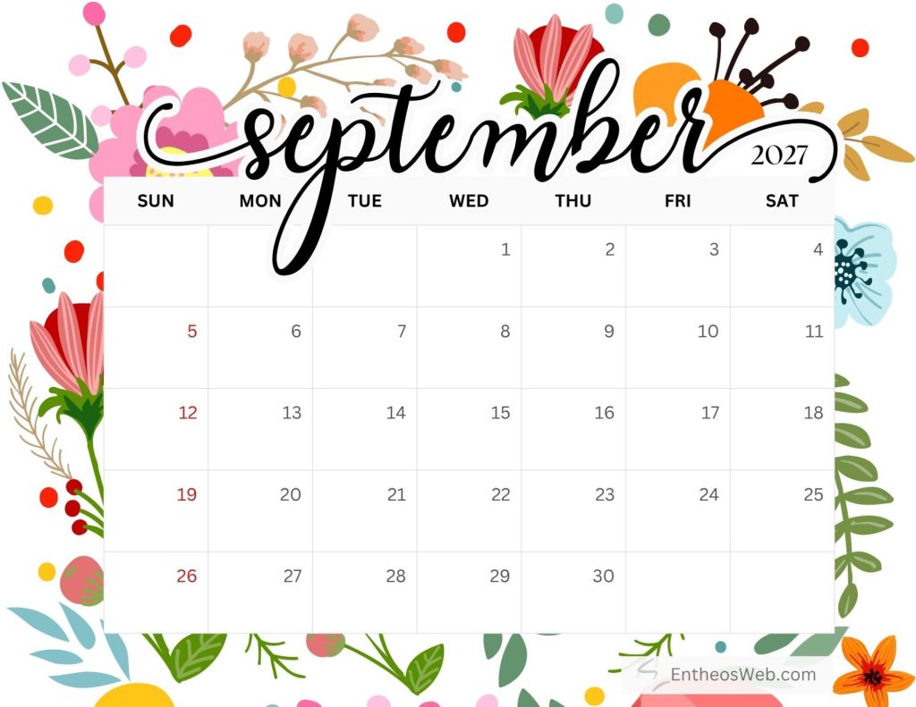 Stylized september 2027 calendar page with a floral border days of week and a date grid September 2027 calendar free printable by entheosweb