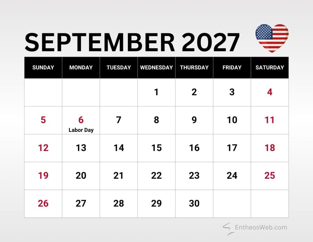 Calendar for september 2027 showing weeks with sundays in red and labor day on september 6th September 2027 calendar with us federal holidays