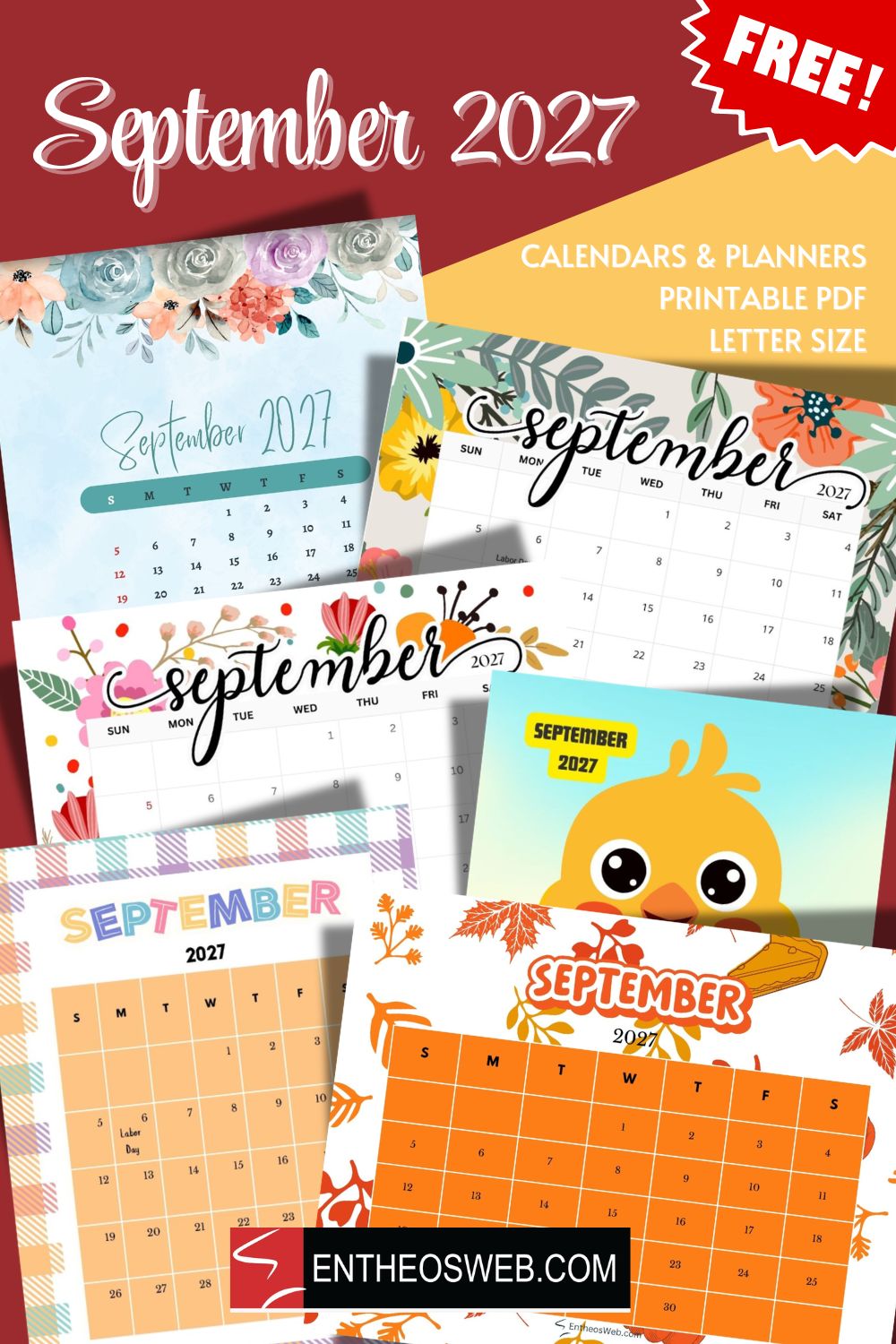 September 2027 calendars letter size printable pinterest pin | september 2027 calendars | entheosweb Collage of colorful september 2027 calendars with floral designs and a free badge promotes printable calendars September 2027 calendars letter size printable pinterest pin