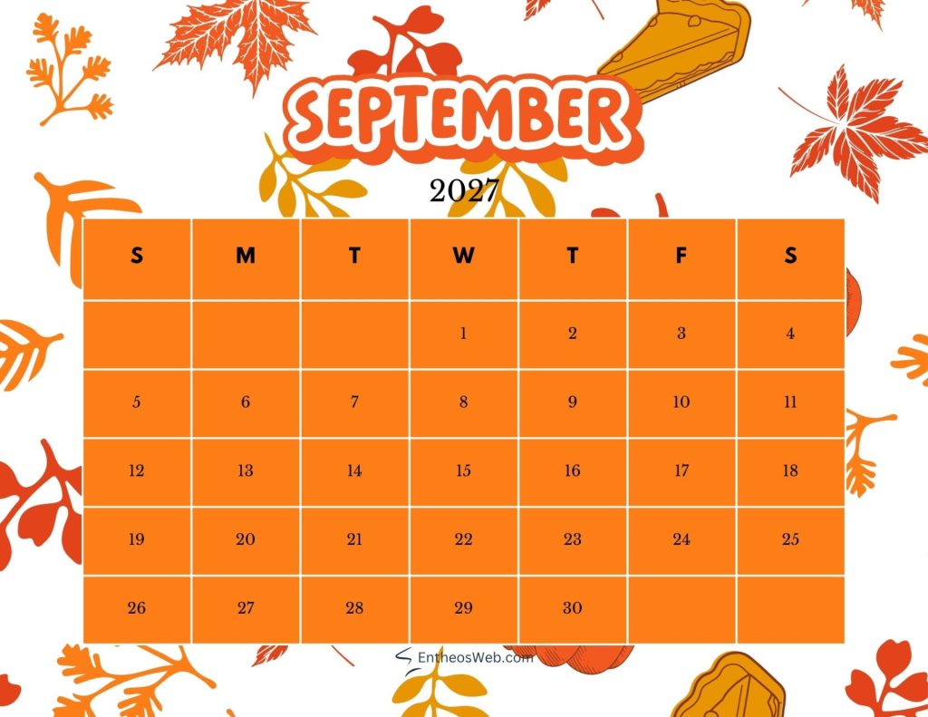 Illustrated september 2027 calendar grid with orange day blocks and autumn leaves in the background showing days of the week and dates September 2027 printable calendar autumn themed