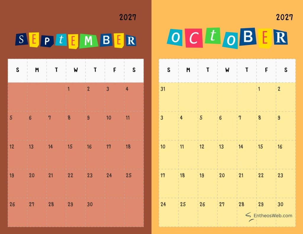 Two page 2027 calendar september on brown left october on yellow right with colorful letter tiles for month names and date grids September and october double month calendar landscape