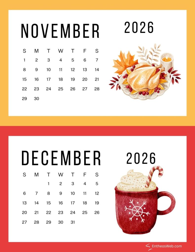 November 2026 calendar with autumn leaves illustration on the right and a white background panel 2026 november turkey and december hot chocolate cute printable double month calendar