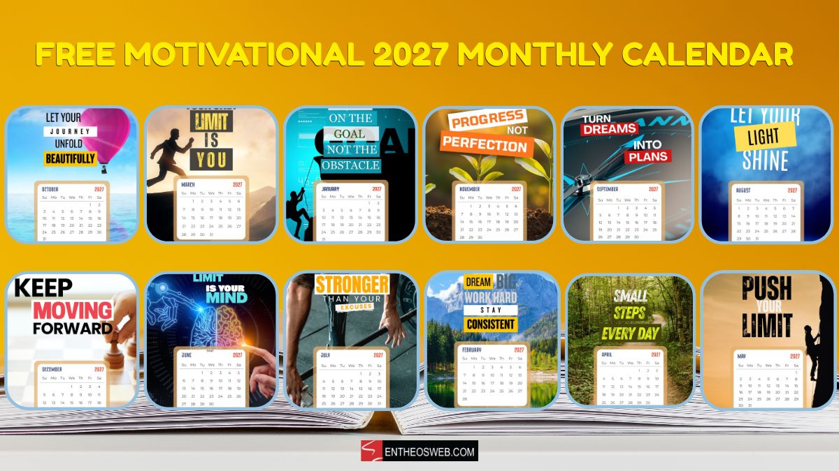 Promotional banner for free motivational 2027 monthly calendar with 12 inspirational calendar tiles on an orange background Free motivational 2027 monthly calendar fimage