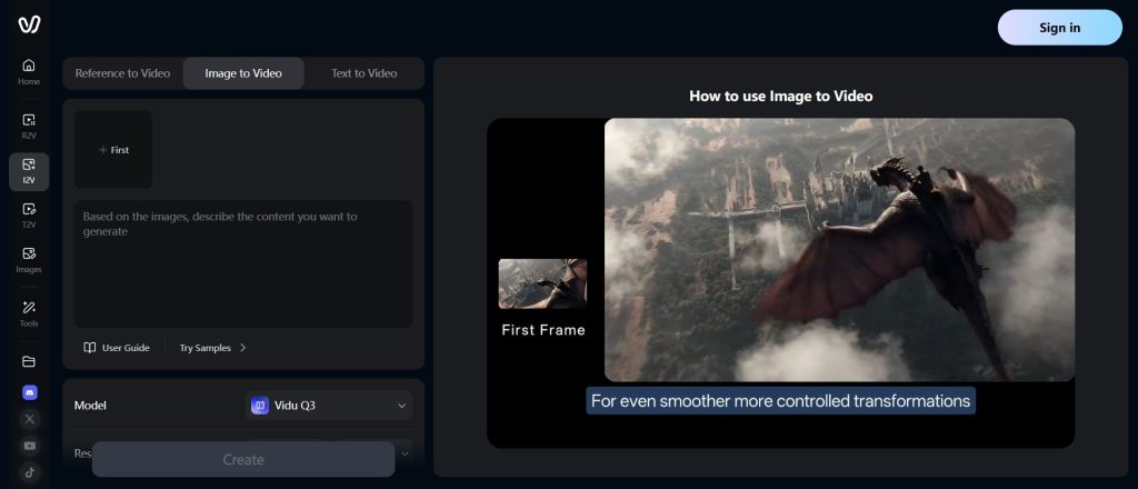 Image | turn photos into video reels or product videos | entheosweb Tutorial screen showing how to convert an image to video with a dragon flying over a landscape and a small first frame inset image