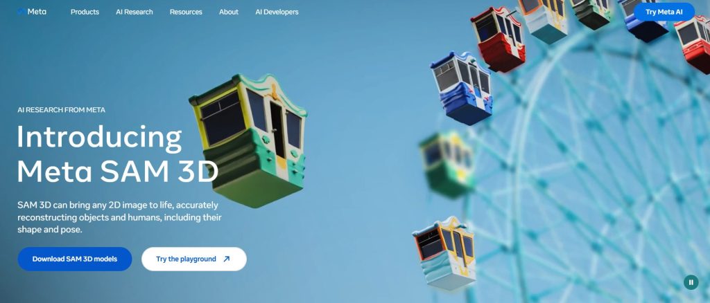Image | best 2d to 3d converters | entheosweb Hero banner for meta sam 3d colorful ride capsules against a blue sky with large introducing meta sam 3d text and cta buttons in the foreground Image
