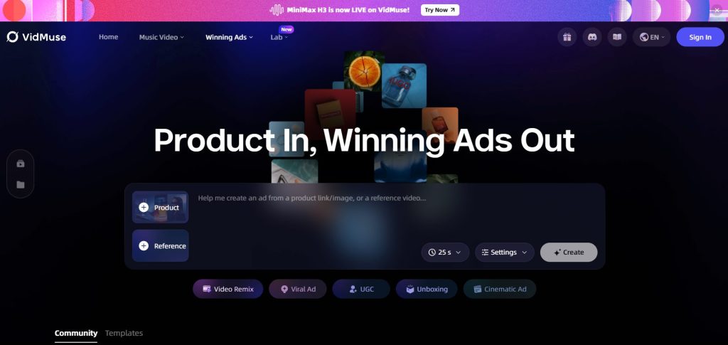 Image | turn photos into video reels or product videos | entheosweb Hero banner for vidmuse large product in winning ads out text over a dark gradient with a colorful tile collage background Image